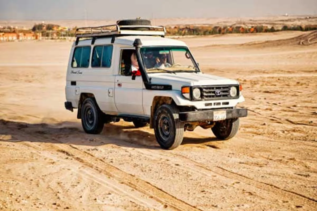 A 4x4 jeep driving a rocky trail in the Eastern Desert