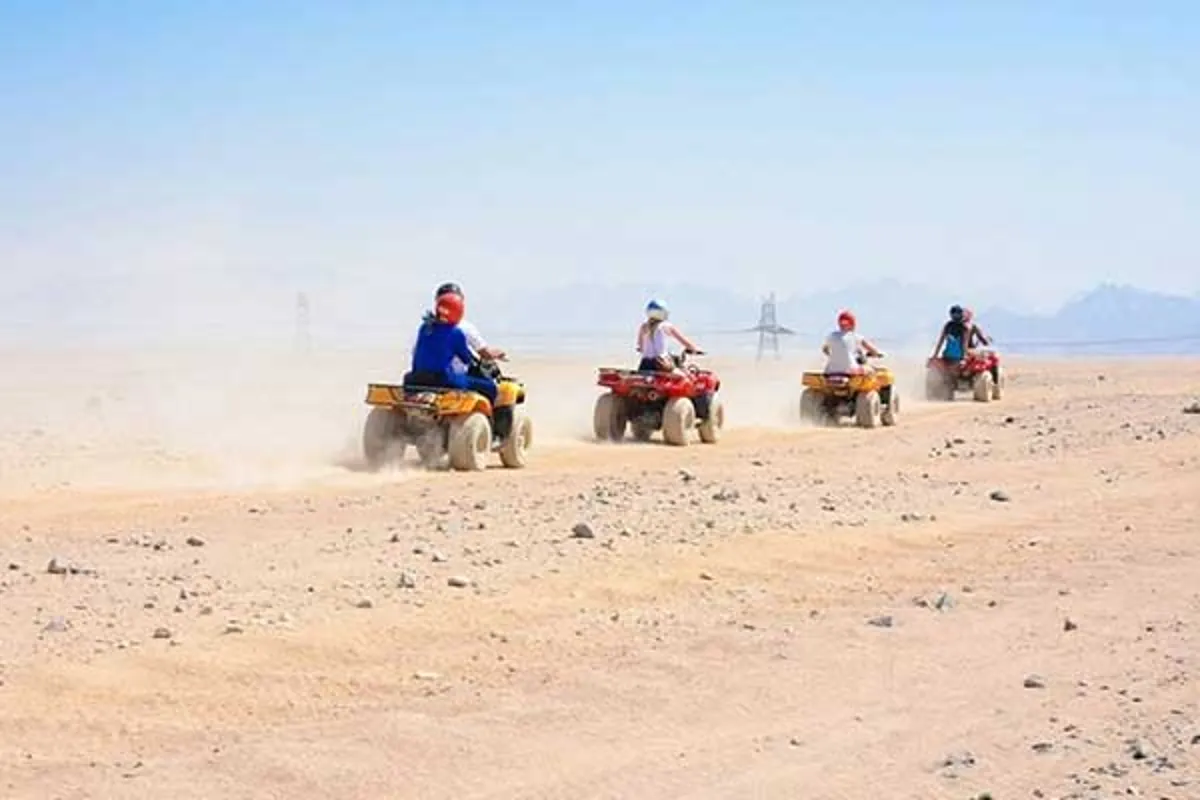 A line of quad bikes parked on the sand before a desert ride