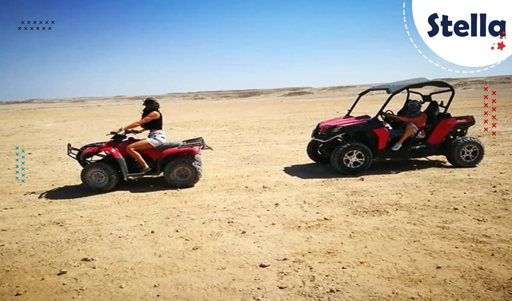 Quad bikes and buggies lined up at the desert base on a Super Safari near Hurghada